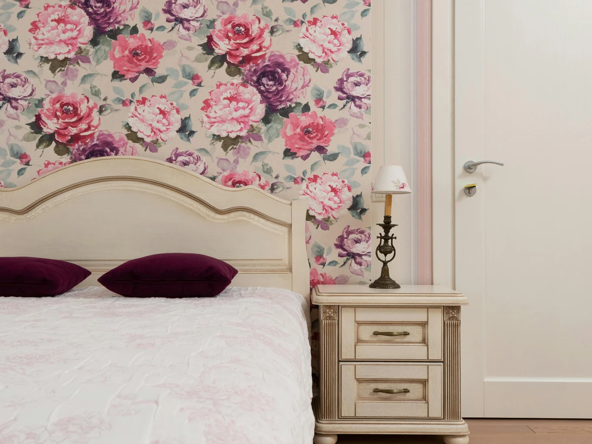 Children's bedroom with floral wallpaper in Ipswich